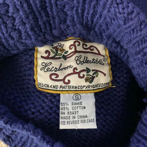 Vintage Embroidered Cable Knit Sweater S Blue Floral High Neck Granny Core - Picture 6 of 6